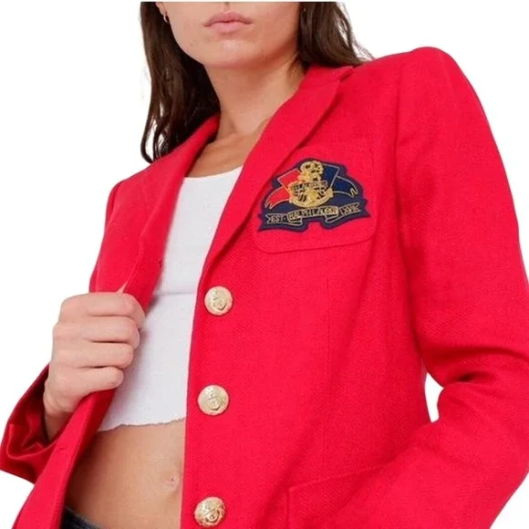 Lauren Ralph Lauren Blazer SZ16 Red Linen Nautical Gold Button Bullion Crest - Picture 2 of 15